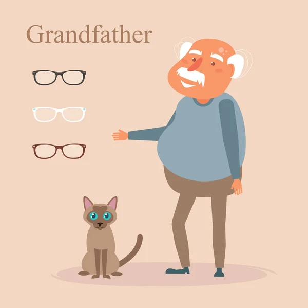 Farfar och Siamese katt. Glasögon vektor. Cartoon. Isolerade konst — Stock vektor