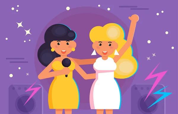 Las mujeres cantan karaoke Vector. Dibujos animados. Arte aislado sobre fondo blanco. Plano — Archivo Imágenes Vectoriales