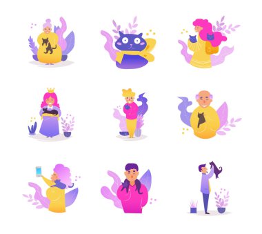 Kedi insanlarla. Koleksiyon vektör ayarlayın. Çizgi film. Beyaz arka plan üzerinde izole sanat.