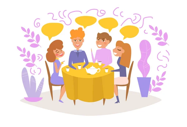情侣约会朋友派对人们坐在桌旁喝茶向量。卡通。被隔绝的艺术在白色背景. — 图库矢量图片