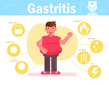 Overweight man with gastritis Symptoms of the disease Vector. Cartoon. Isolated clipart