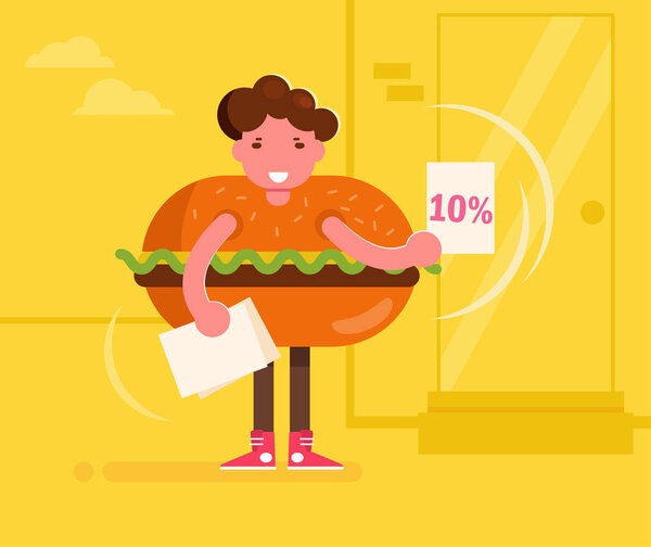 Promoter in a hamburger costume handing out leaflets. Vector. Cartoon. Isolated art on white background. Flat