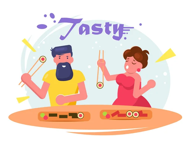 Bărbat și femeie care mănâncă sushi Vector. Desene animate. Izolat — Vector de stoc
