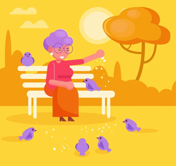 La abuela alimenta a las palomas en el parque Vector. Dibujos animados. Aislado — Vector de stock