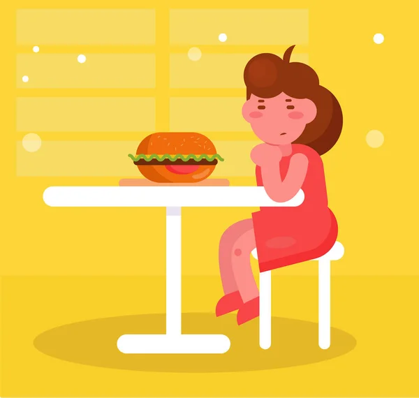 A rapariga senta-se e olha para o Burger Vector. Desenhos animados. Arte isolada Sem apetite — Vetor de Stock