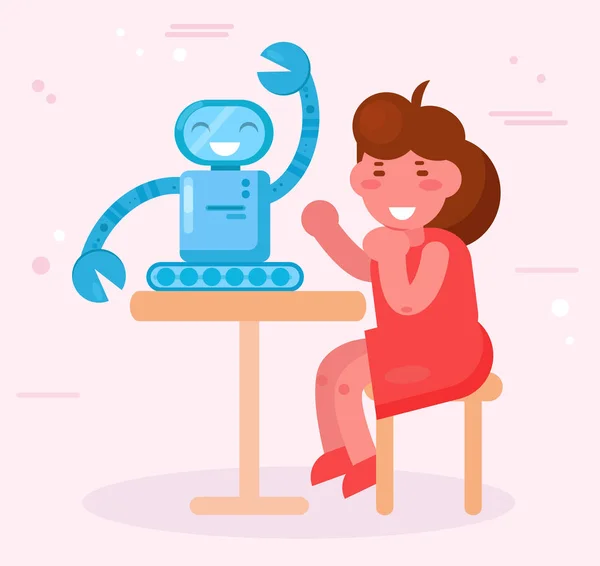 女孩制造机器人向量。卡通。孤立的艺术 — 图库矢量图片