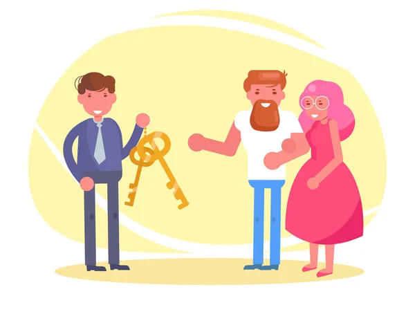 Charity Young couple receives the keys to the apartment or car Vector. Cartoon. Isolated art — Stock Vector