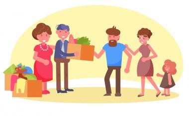 Sadaka, bağış Vektörü. Karikatür. Beyaz arka planda izole sanat. Düz Zengin aile yoksul yardımcı olur