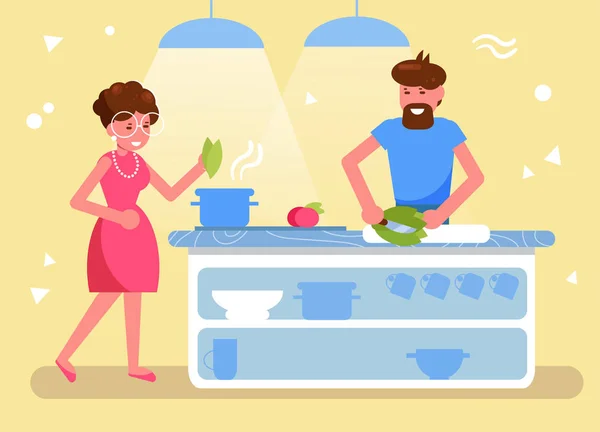 Ο σύζυγος και η γυναίκα μαγειρεύουν μαζί στην κουζίνα διάνυσμα. Κινουμένων σχεδίων. Απομονωμένη τέχνη. Επίπεδη — Διανυσματικό Αρχείο