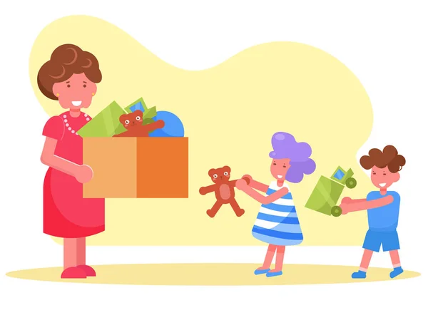 Благотворительная женщина жертвует игрушки детям из приюта — стоковый вектор