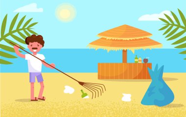 Çöp vektör plaj temizliği. Karikatür. İzole sanat Düz