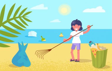 Çöp vektör plaj temizliği. Karikatür. İzole sanat Düz