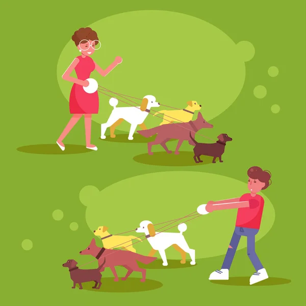 Servicios de paseos para perros Mujer y hombre pasean con cuatro perros — Vector de stock