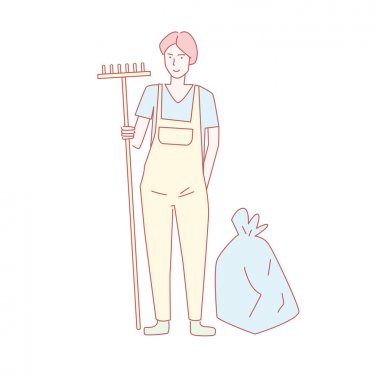 Çöp toplama, ekoloji, çevre temizlik vektörü. Karikatür. Beyaz arka planda izole sanat. Yassı Gönüllü