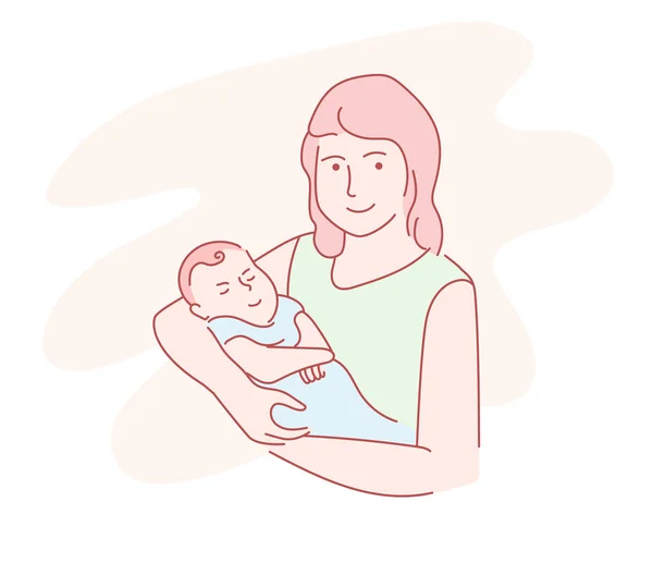 Mor som innehar en baby hand Drawn Line art — Stock vektor