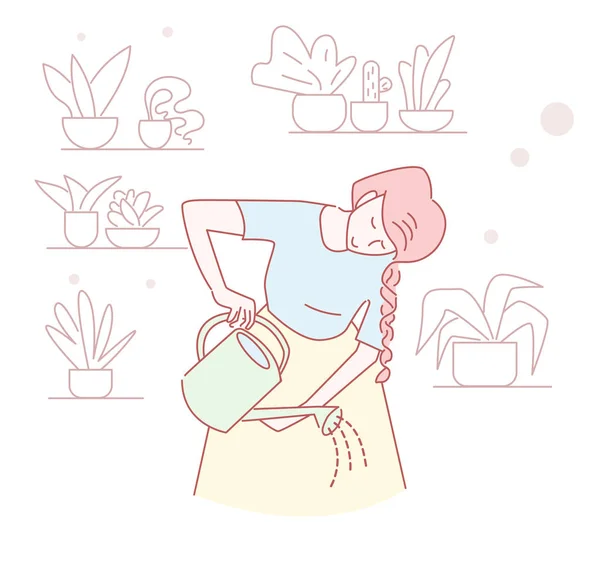 Mädchen gießt Blumen, Gießkanne, Hand gezeichnet, Blumenladen — Stockvektor