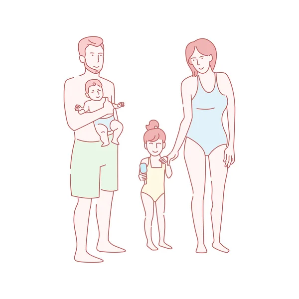 Famille sur la plage Vector. Dessiné à la main Art isolé sur fond blanc. Plat — Image vectorielle