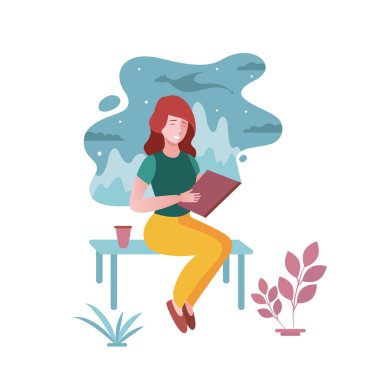 Karikatür düz kız bankta oturan ve ejderhalar hakkında bir fantezi kitabı okuyor. Vektör çizimi.