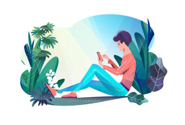 Düz tarzda konsept. Genç adam parkta oturan ve sohbet.