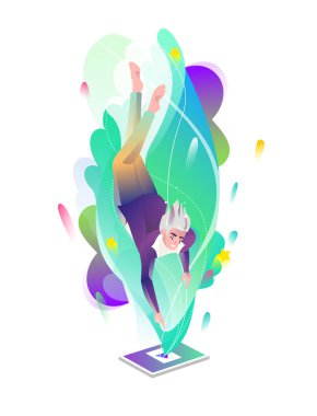 Tablete düşen adam ile düz tarzda konsept.