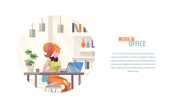 Concept in flat style with woman. Businesswoman works in office.