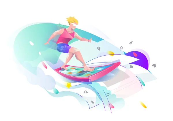 Концепция в плоском стиле с человеком серфинга через интернет . — стоковый вектор