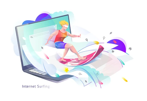 Concept in flat style with man surfing through internet. — Stock Vector