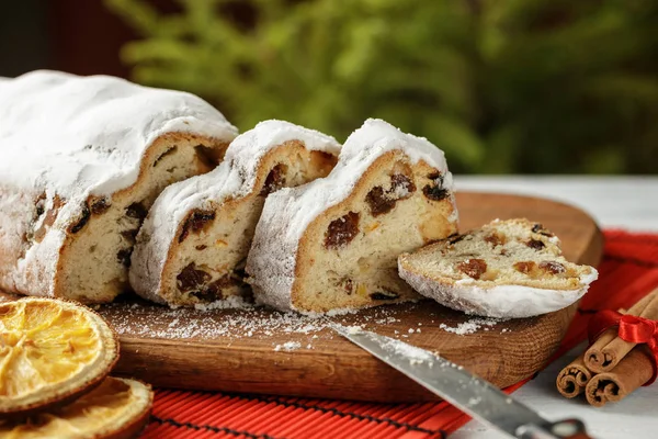 Stollen Traditional German Christmas Yeast Cake Raisins Table Fir Tree — Stock Photo, Image