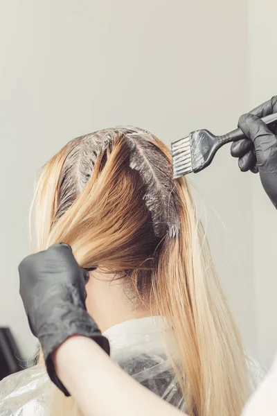 Estilista Femenina Aplicando Tinte Los Clientes Cabello Salón Belleza — Foto de Stock