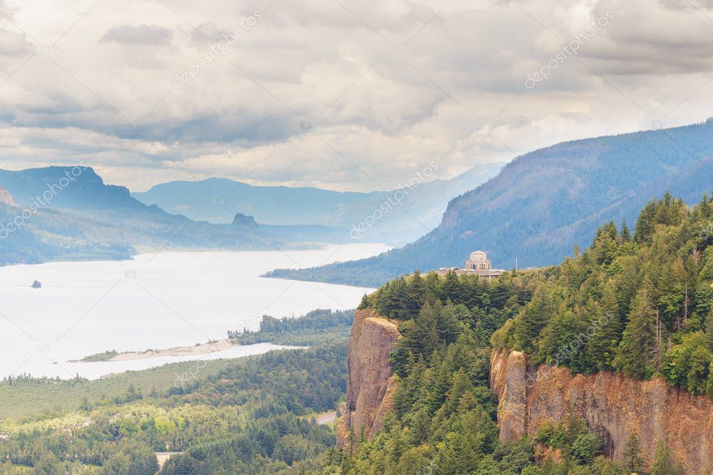 Columbia River Gorge, view of Crown Point and the Vista House in the Sumer season, Oregon state, USA