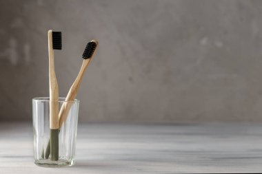 İki Eko Dostu bambu Diş fırçalar bir cam
