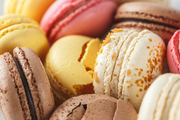 Close up image of pastel colored macarons