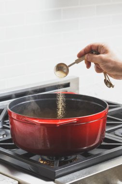 Adamın eli, kırmızı mayalı dökme demir fırında yemek pişirirken kaşıkla baharat ekliyor.