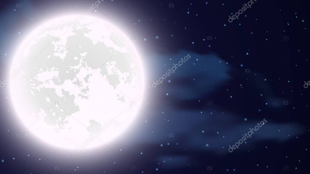 Night sky background with full moon, clouds and stars. Vector illustration EPS10