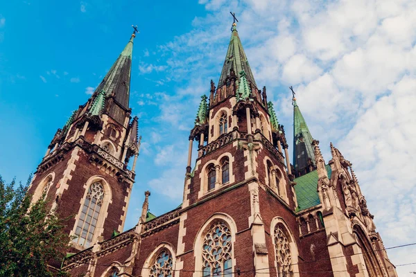 Katolik Kilisesi St. Olha ve Elizabeth Lviv, Ukrayna. Yaz aylarında mavi gökyüzü arka plan üzerinde Gotik Ortaçağ Kilisesi