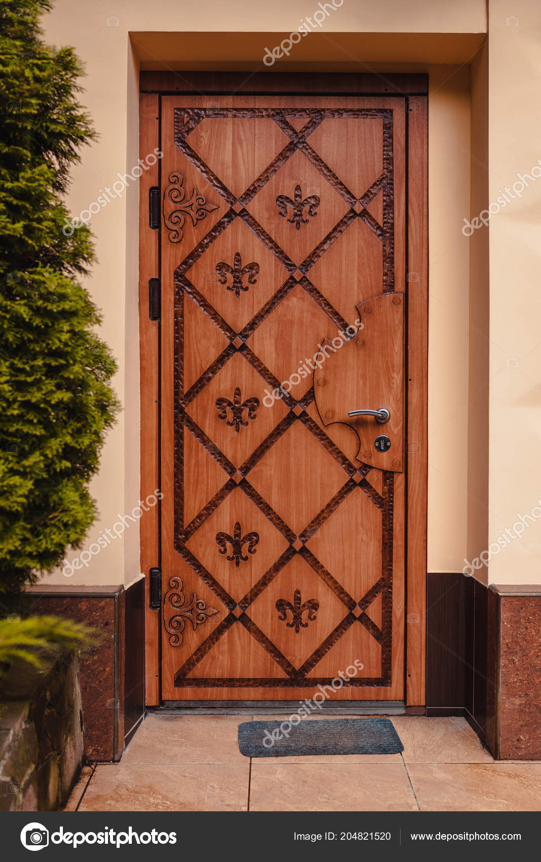 Wooden Door Tree Carved Brown Door Doormat Vintage Style Entrance