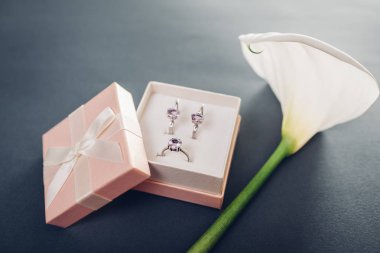 Ametist Küpe ve yüzük hediye kutusunda gri arka plan üzerinde lily çiçekli