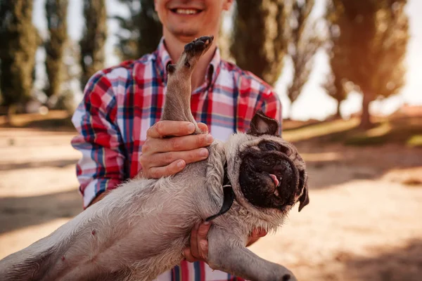 Young man holding pug dog outdoors. Happy puppy with paws raised playing with master. Having fun with pet