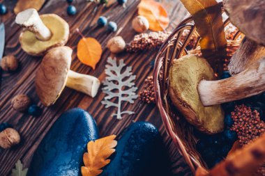 Porcini mantar sepeti çilek ve ahşap masa üzerinde fındık ile. Sonbaharda hasat ayakkabı ile. Orman Sonbahar ürün toplandı