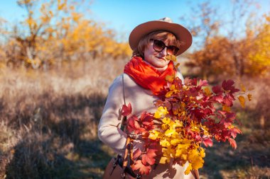 Buket sarı ve kırmızı yaprakları ile sonbahar dalı tutan orta yaşlı kadın. Şık Bayan ormanda yürüyüş