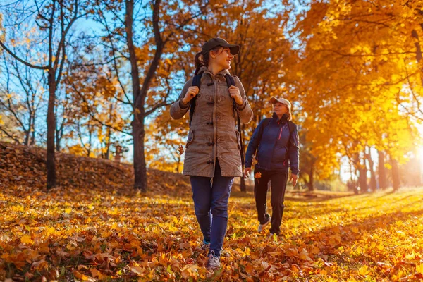 Turistas Con Mochilas Caminando Bosque Otoño Atardecer Madre Hija Adulta —  Fotos de Stock