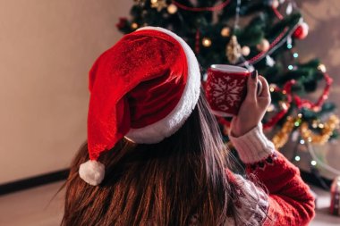 Bir Noel ağacın yanında oturup, Noel Baba'nın şapkası ve sarılma aşık çift. Gençler evde kutlama yeni yıl geceleri