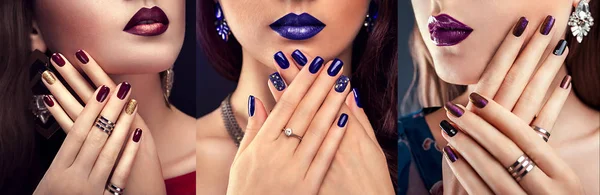 Mulher Bonita Com Maquiagem Perfeita Manicure Azul Usando Jóias Fundo — Fotografia de Stock