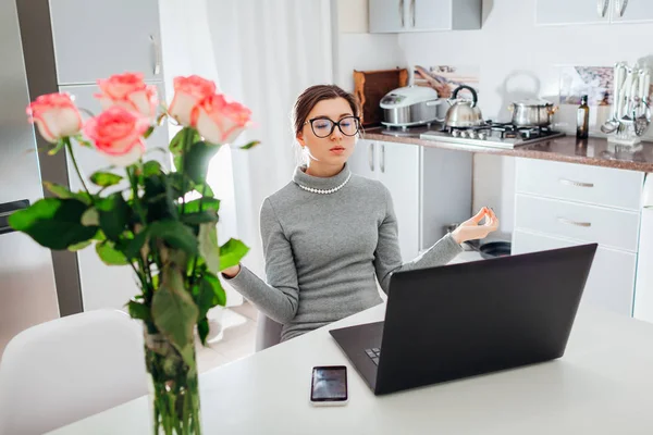 Woman Relaxing Working Laptop Modern Kitchen Young Tired Freelancer Meditating — Stock Photo, Image