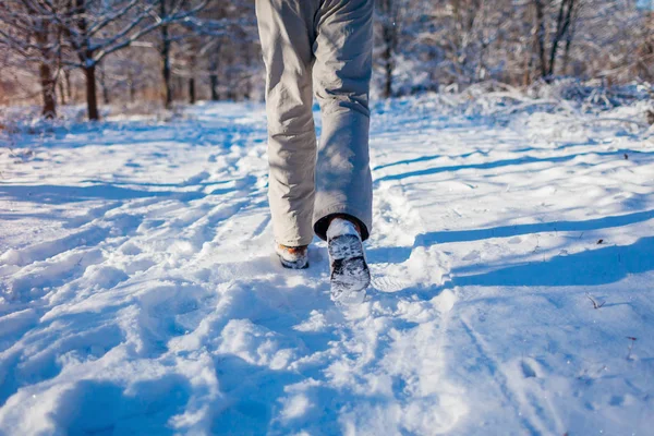 跑步运动员在冬季森林中冲刺 在寒冷的雪天气里在外面训练 积极健康的生活方式 鞋的特写镜头 — 图库照片