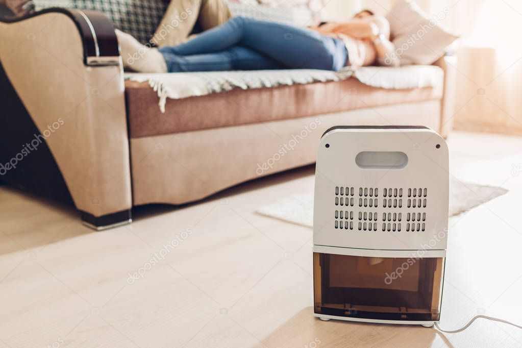 Dehumidifier with touch panel, humidity indicator, uv lamp, air ionizer, water container works in apartment while people relaxing. Modern devices against dampness
