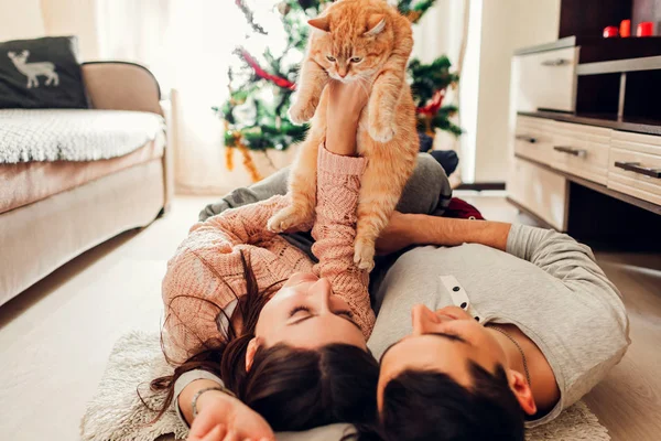 İki Noel ağacı tarafından yalan ve evde kedi ile oynarken aşık. Erkek ve kadın kaldırma elinde evde beslenen hayvan. Mutlu bir aile