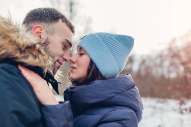 Çok güzel iki yürüyor ve kış ormanda sarılma sevgi dolu. Eğleniyor ve açık havada soğutma insanlar