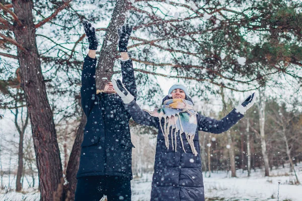 美丽的爱情夫妇扔雪在冬天的森林 快乐的人在户外玩得很开心 冬季活动 — 图库照片