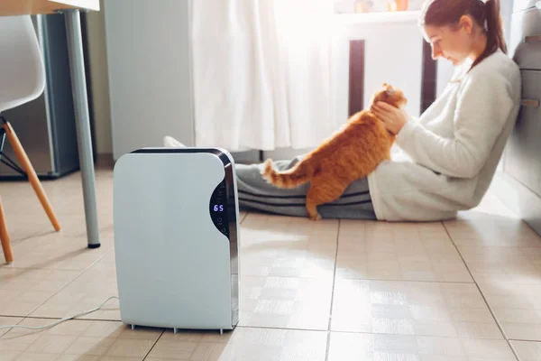 Dehumidifier değmek kapı aynası, nem göstergesi, uv lambası, Ionizer hava, konteyner işleri evde kedi ile oynarken kadın ise su. Hava kurutma makinesi